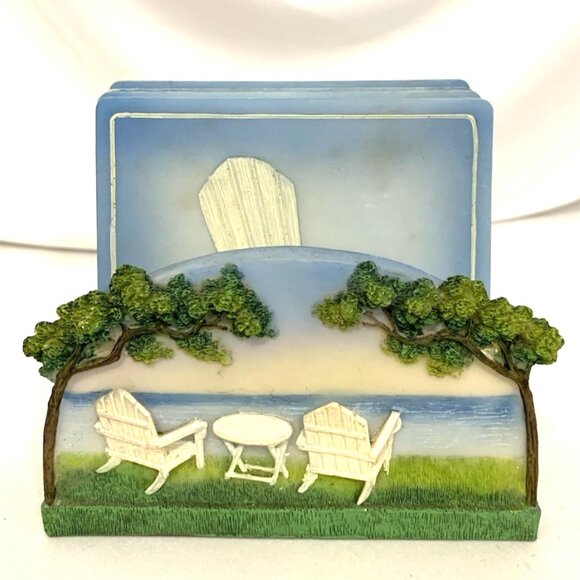 Hand Painted Resin 3D Chair Beach View Set, Stand with 4 Coasters, A. Richesco - Picture 1 of 10